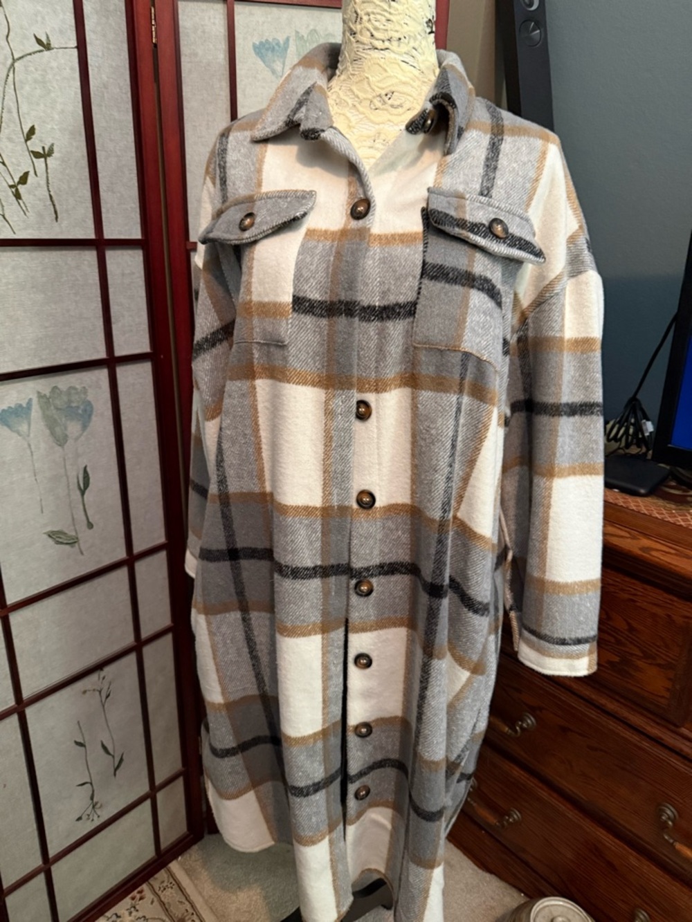 Neutral Plaid Shacket with Cream, Gray & Tan Stripes